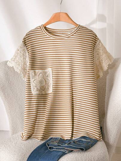 CosyJoli Plus Size Women Round Neck Striped Lace Patchwork Casual Versatile Daily T-Shirt