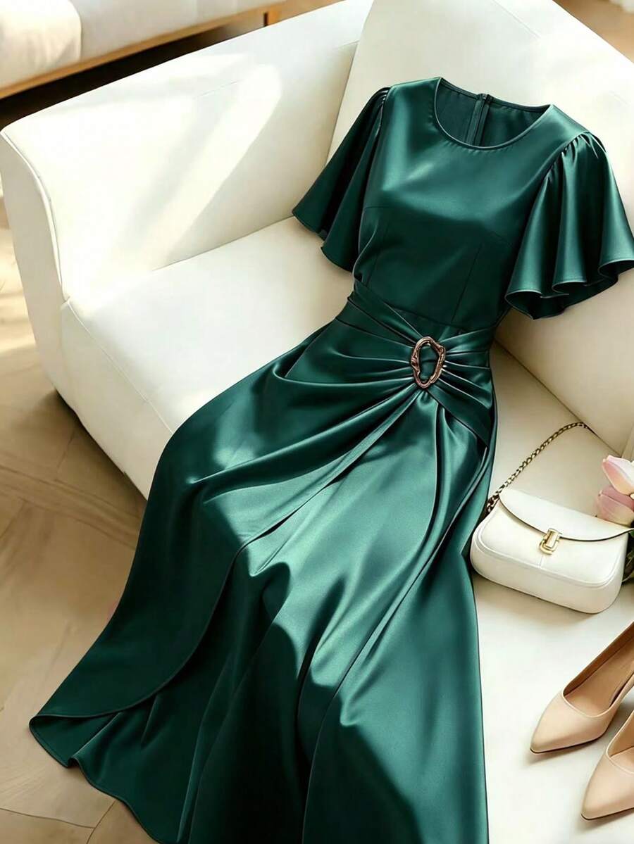 Franclia Vestido elegante para mujer, vestido de satén brillante con decoración metálica, vestido de manga acampanada, vestido de cuello redondo, vestido de primavera/verano - Verde Oscuro - Ver 1