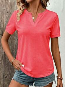 EMERY ROSE Women's Solid Color Casual Notched Neck Short Sleeve T-Shirt, Summer - Pink - View 3
