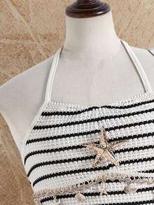 Tween Girl Striped Print Halter Backless Casual Dress - Black and White - View 5