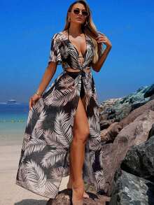 Swim Lushoire Women's Beach Vacation Outfits Tropical Plant Print Short Sleeve Criss-Cross Backless Dress With Cover Up - Black and White - View 4