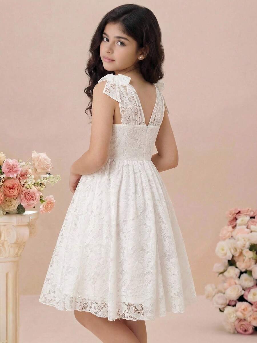 Pitira 少女茶會禮服 女孩婚禮伴娘禮服 優雅白色領聖餐蕾絲肩帶蝴蝶結短版迷你洋裝 - 白色 - 查看 1