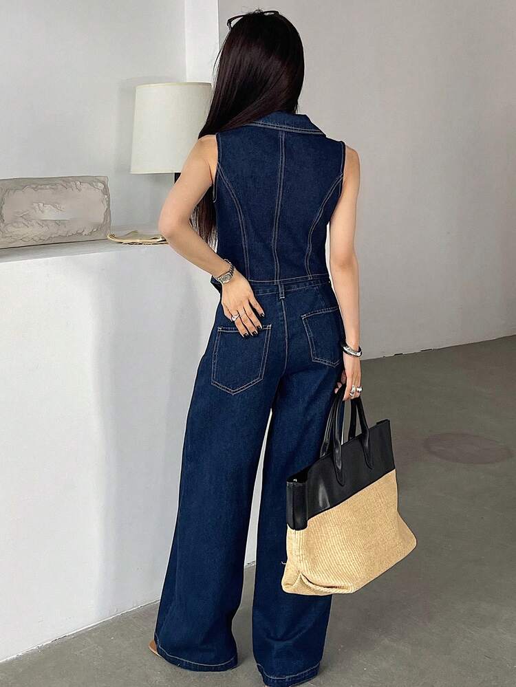 Women's Collared Sleeveless Denim Shirt & Loose Pants 2 Pieces Set