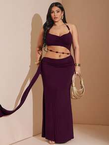 SHEIN BAE Plus Size Deep Chestnut Red Beaded Halter Bodycon Dress, Elegant Party Dress For Plus Size Women,Dark Purple,Summer,Girlism,Night Out Club,Curve - Rusty Rose - View 4