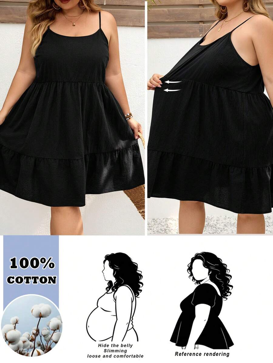 SHEIN CURVE+ Plus Size Women A-Line Black Spaghetti Strap Dress Photoshoot Summer Basic Casual - Black - View 1