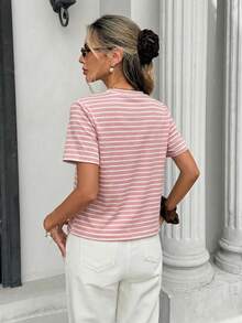 Muvela Damen Lässig gestreiftes Kurzarm T-Shirt, Sommer - Pink - Übersicht 2