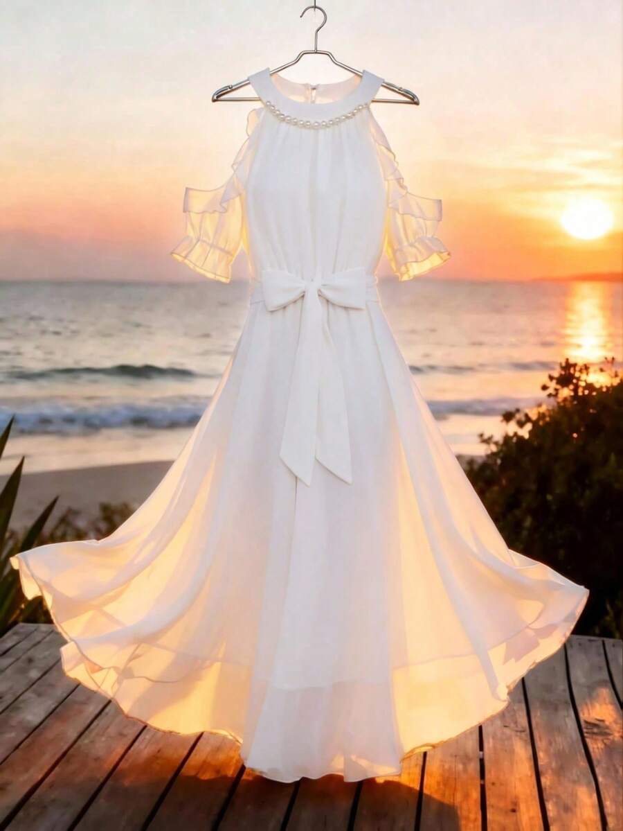 GlowEve High-End Long Dress, White French Style Off-Shoulder Halter ...