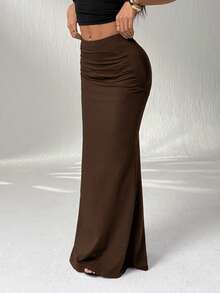 SHEIN EZwear Plus Size Women Elegant Elegent Dark Brown Mermaid Skirt Evening Party Summmer - Brown - View 3