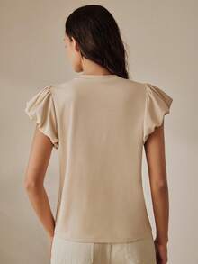 Anewsta Women's Casual/Work Wear Tee With Ocean Embroidery Pattern, Bubble Sleeves, Beaded Decor, Spring/Summer - Khaki - View 2