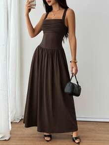 PETITE Vestido evasé de unicolor marrón café con cuello cuadrado elegante para mujer, primavera/verano - Café integral - Ver 5