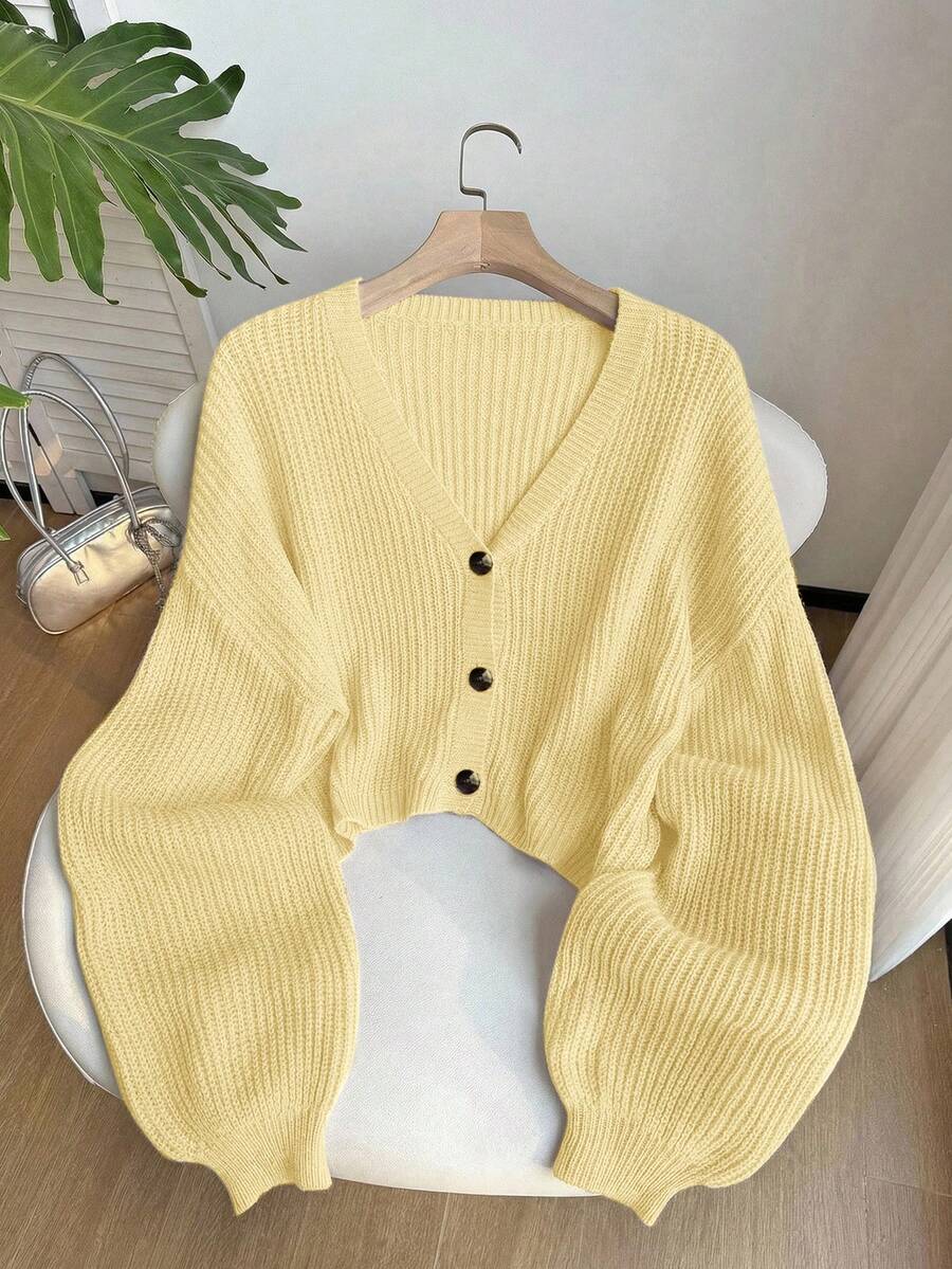 SHEIN EZwear 大码女式休闲度假通勤纯色V领落肩宽松灯笼袖纽扣开衫，秋冬款 - 鵝黃色 - 查看 1