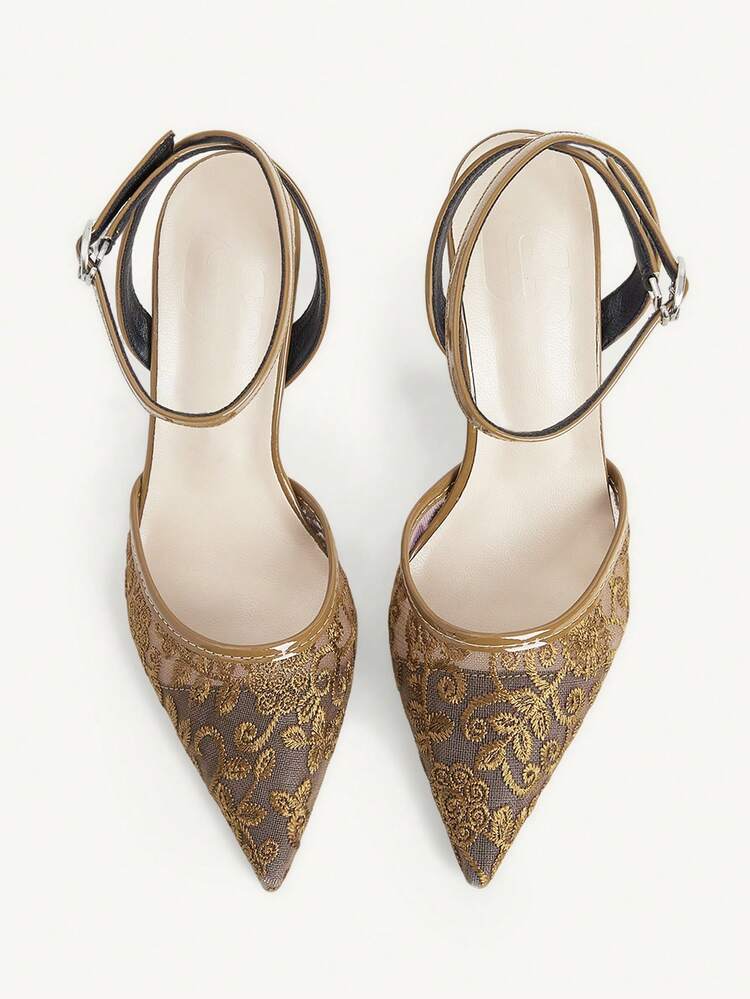 CUCCOO CHICEST Summer Ladies Elegant Luxury Brown Mesh Embroidery Women's Shoes Shopping Party Commuter Office Fashion Pointed High Heels Summer Shoes