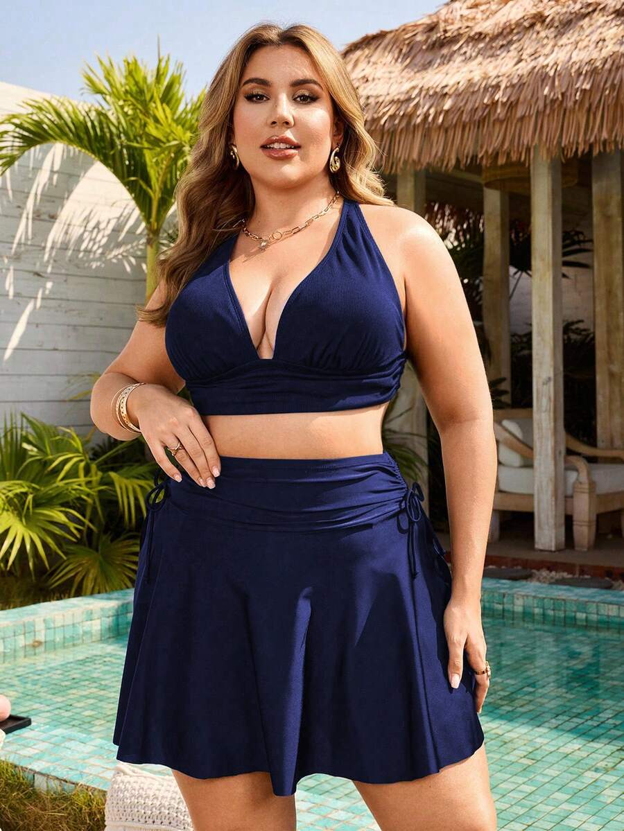 SHEIN Swim 大码女式纯黑色高腰侧口袋半身裙摆夏季沙滩派对泳装 - 藏蓝色 - 查看 1