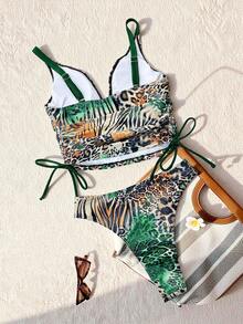 Traje de baño Swim  de 2 piezas con estampado de leopardo para mujer, conjunto tankini con espalda descubierta y escote en V profundo, ropa de baño casual de verano para playa. - Multicolor 7 - Ver 2