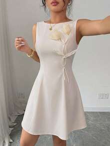 Modelyn Women's Elegant Sophisticated Socialite Gentle Floral Sleeveless Waist Cinched A-Line Dress - Apricot - View 4