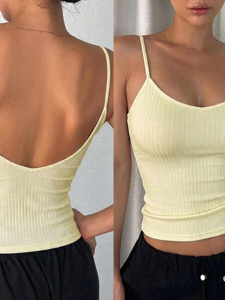 DAZY Camiseta de tirantes ajustada sin espalda de color liso para mujer de verano - Beis - Ver 1