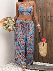 Sunnyshic Plus Size Summer Vacation Retro Floral Print Camisole And Wide Leg Pants 2 Pieces Set - Multicolor - View 6