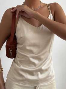 DAZY Áo hai dây cổ chữ V màu trơn thanh lịch dành cho nữ, thích hợp mặc hàng ngày vào mùa hè. - Màu be - Xem 3