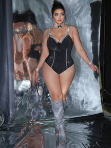 MidnightGlam Plus Size Women Shiny Silver Bowknot Camisole Bodysuit With Neck Scarf 2 Pieces Set, Black Summer Rave Lingerie For Honeymoon,Date Night Outfit - Black - View 5