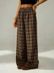 SHEIN PETITE Women's Brown Baggy Plaid Minimalist Casual Pants - Multicolor - View 3