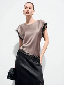 Aveloria Modichic Mocha & Black Lace Patchwork Asymmetrical Hem Cap Sleeve Blouse, Minimalist Luxury Versatile For Work, Date, Party, Vacation - Coffee Brown - View 7