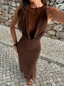 Firerie Đầm dự tiệc, dạ hội, lãng mạn, thanh lịch dành cho nữ, thích hợp cho hẹn hò, du lịch, đám cưới, tiệc tùng, gặp gỡ, dạ tiệc. Đầm màu nâu, cổ yếm, không tay, khoét sâu, phối ren, ôm sát, thích hợp cho mùa xuân/hè. - màu nâu - Xem 2