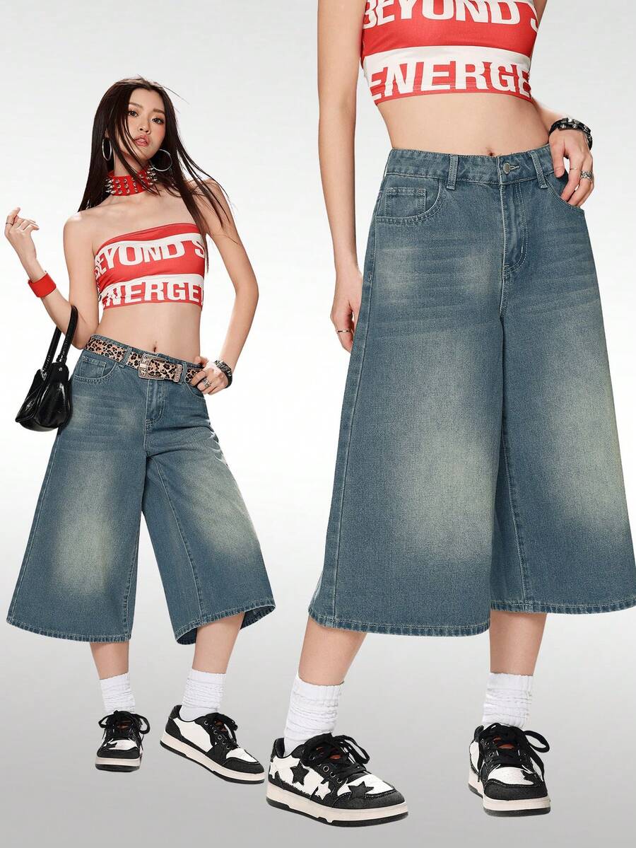 K-Vae Quần jeans nữ dáng rộng thoải mái, ống lửng 7/8, màu xanh dương. - Rửa trung bình - Xem 1