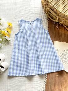 SHEIN Vintaside Kids Đầm không tay cổ tròn thêu hình vịt hoạt hình dễ thương cho bé gái mùa xuân/hè, đáng yêu và ngọt ngào. - Màu xanh lam - Xem 2