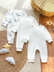 SHEIN Vintaside Kids 男婴卡通印花长袖连体衣和裤子三件套，适合居家、外出、度假及各种场合。 - 白色 - 查看 2