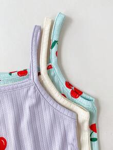 SHEIN 3件套少女粉色、白色、蓝色樱桃印花刺绣吊带背心和三角裤内衣套装，尺码偏小，建议选购大一码。 - 彩色 - 查看 5