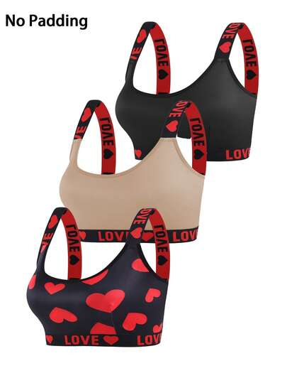 Snug Zone 3pcs Plus Size Heart & Letter Print Bralette With Soft Strap Without Steel Rings Sports, Lift
