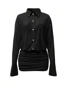 Cévolie 2025 Casual Solid Color Long Sleeve Fitted Mini Dress For Women, Christmas - Black - View 4