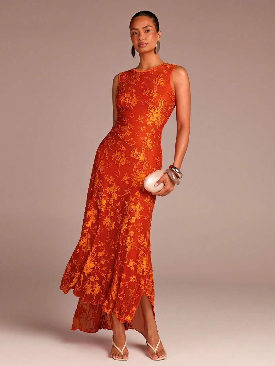 COSMINA Women's Elegant Jacquard Sleeveless Split Cocktail Dress, Summer - Orange - View 1