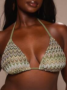 MUSERA Plus Size Stripe Patterned Triangle Bikini Top Only Spring Summer Easter Beach Holiday Vacation Elegant Travel Swim Beachwear Terra Sol - Green - View 6
