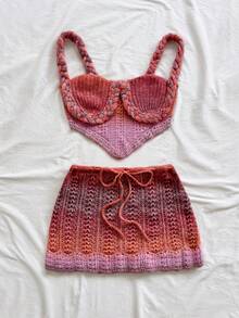 Soleia Bộ 2 món gồm áo croptop hai dây gợi cảm và chân váy cạp thấp bằng vải móc, thích hợp cho kỳ nghỉ, lễ hội âm nhạc, phong cách bohemian, du lịch, hẹn hò, tiệc trà chiều. - Nhiều màu - Xem 5