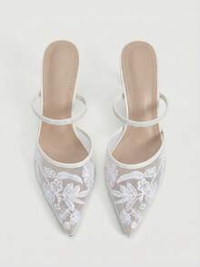 CUCCOO CHICEST Women's New Thin-Heeled Pointed Toe High Heels With Mesh, Bead, And Embroidery Decoration – Elegant And Comfortable, Perfect For Dates, Work, Parties, And Weddings - White - View 8