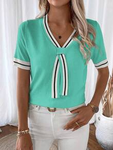SHEIN LUNE Women's Contrast Trim Short Sleeve Knit Top - Mint Blue - View 6