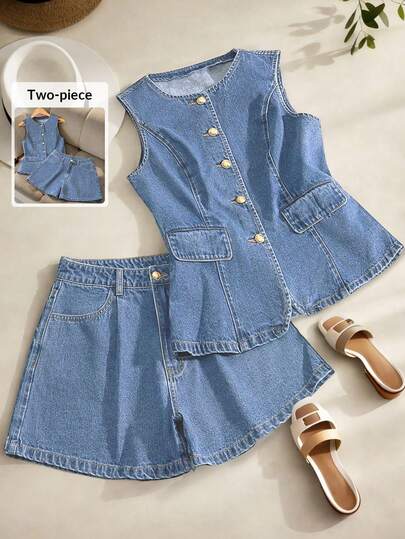 GlowEve Solid Color Round Neck Button Front Vest And Slant Pocket Shorts Casual Denim Set