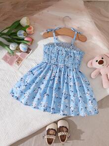 SHEIN Playful Pals 女婴可爱休闲爱心图案连衣裙 - 淺藍色 - 查看 4