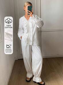 DAZY Korean Style 3D Polka Dot Fabric Ruffle Trim Patchwork Women Pajama Set - White - View 3