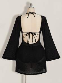 SHEIN ICON 大码女士沙滩度假长袖系带透视连衣裙 - 黑色 - 查看 2