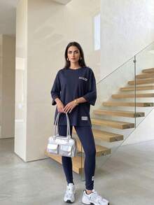 Solavon 2pcs/Set Women Letter Print Dropped Shoulder Round Neck T-Shirt And Pants, Casual Outfit 2 Pieces Set - Navy Blue - View 3