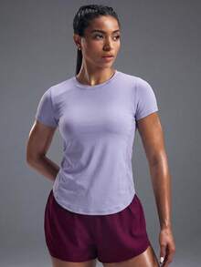 Powerista Solid Color Round Neck Fitted Comfortable Short Sleeve Sports T-Shirt - Mauve Purple - View 6