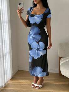 Modelyn Kleid mit Blume Muster in Große Größen, Kurzarm - Verschiedenfarbig - Übersicht 3