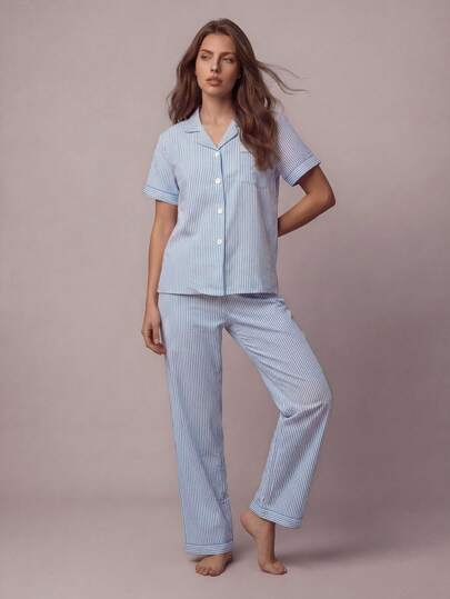 Liftille Striped Lapel Short Sleeve & Long Pants Pajama Set Women Striped Pajamas Blue And White Striped Pajamas Summer Pajamas For Women Women Pajama Set Sleepwear Set Women  Cozy And Elegant Details