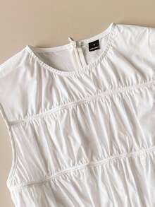SHEIN Unity Cute White Summer Round Neck Ruched Waist Ruffle A-Line Sleeveless Open Shoulder Blouse,Vintage College Style Office Commute Wear,Brunch,,Beach - White - View 4