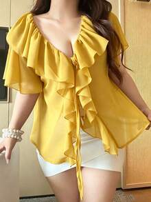 Vibekara Plus Size V-Neck Solid Color Chiffon Ruffle Hem Sheer Sexy Short Sleeve Blouse - Yellow - View 7