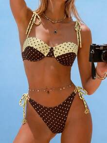 Swim Mod 夏季新款欧美波点比基尼套装，无肩带加垫钢圈性感三件式泳衣，可调节肩带，适合海滩、泳池、生日派对等场合 - 彩色 - 查看 7