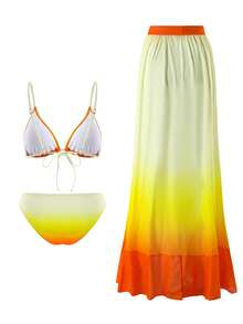 SHEIN Swim SXY Women's 3pcs/Set Summer New Ombre Printed Random Spaghetti Strap Triangle Bikini Set With Beach Skirt - Multicolor - View 7