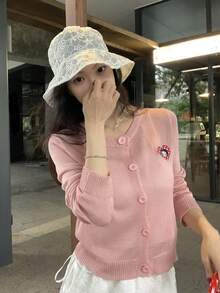 DAZY 女士休闲日常/通勤/度假波点爱心刺绣单排扣开衫，春秋季 - 粉色 - 查看 4